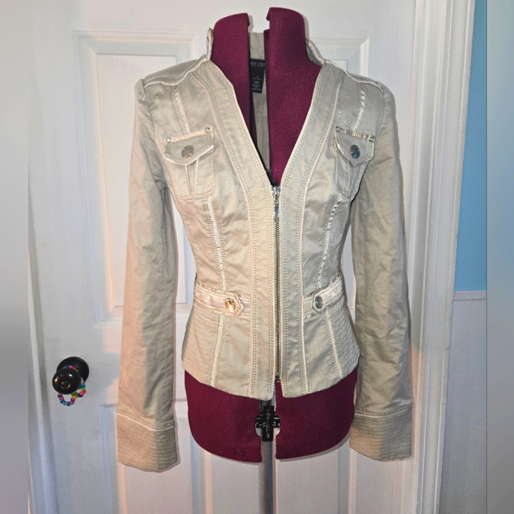 White House Black Market Khaki Tan Jacket With Metal Accents Size 0 - Picture 1 of 10